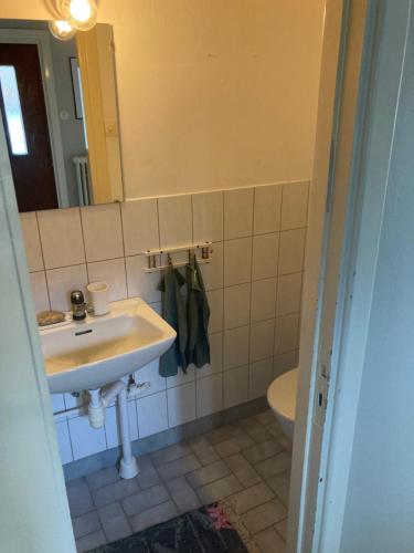 a bathroom with a sink and a mirror and a toilet at Lägenhet i lugn trädgård in Bygdeå