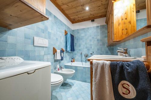 een blauwe badkamer met een toilet en een wastafel bij Casa Lacedel 1, on ski slopes in Cortina dʼAmpezzo