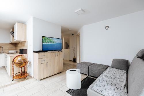 a living room with a couch and a flat screen tv at Tanja s Holiday Home in Nature with sauna and hot tub in Gorica pri Slivnici