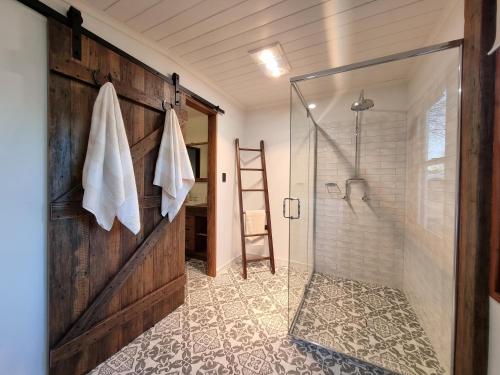 a bathroom with a shower stall and a ladder at Chandlers Rest 