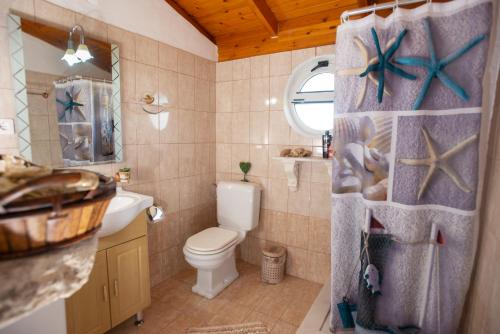 a bathroom with a shower curtain with a toilet and a sink at Eirini's Traditional House in Lístaros