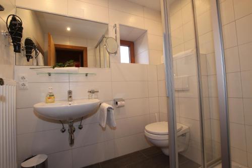a bathroom with a sink and a toilet at Gästeheim Anni Winkler in Nauders
