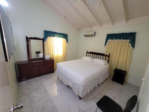 1 dormitorio con cama blanca y espejo en Tropical Blessings - Ocho Rios, en Saint Mary