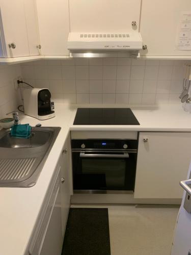 een keuken met een fornuis bovenoven naast een gootsteen bij Appartement Wimereux - Opaalkust met frontaal zeezicht in Wimereux