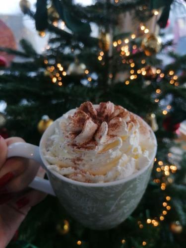a person holding a cup of coffee with nuts on top at Hotel TURNA Malbun in Malbun