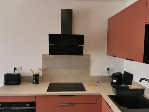 une cuisine avec une cuisinière et un comptoir dans l'établissement Domaine d'Arca Flaubert 20 T2 4 pers, à Porto-Vecchio