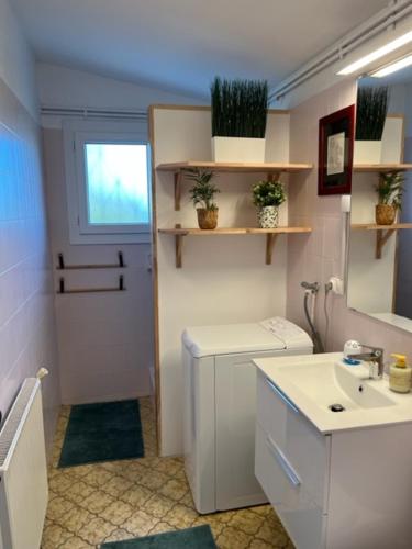 een witte badkamer met een wastafel, een wasmachine en een spiegel bij Annexe du Château La Rose des Vents in Puisseguin