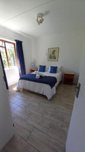 ein Schlafzimmer mit einem großen Bett und blauen Kissen in der Unterkunft Hidden Cottage in Bredasdorp