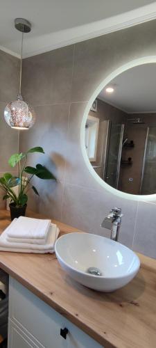 ein Badezimmer mit einem weißen Waschbecken und einem Spiegel in der Unterkunft Lille huset in Holmestrand