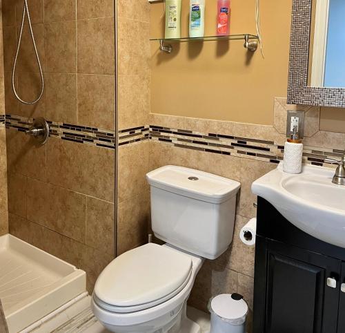 łazienka z toaletą i umywalką w obiekcie Miad’s Guest House w mieście Jamaica