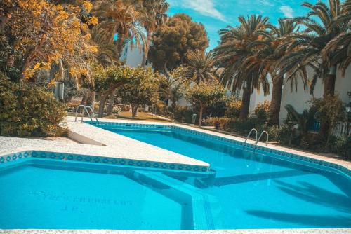 a swimming pool with palm trees in the background at 1ra Linea de PLAYA LAS FUENTES Luxury Apartament Pp1 PET in Alcossebre