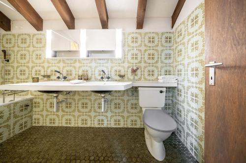 a bathroom with a toilet and a sink at 4402 Geraeumige, zweckmaessig eingerichtete Maisonette-Wohnung mit mit Blick auf die Villa Engiadina in Vulpera