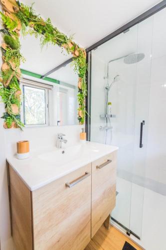 une salle de bain avec un lavabo et une douche dans l'établissement Les chevrefeuilles Appartement en residence, à Brive-la-Gaillarde