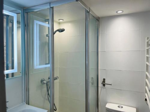 a bathroom with a glass shower and a toilet at Suite Adamas in Lyon