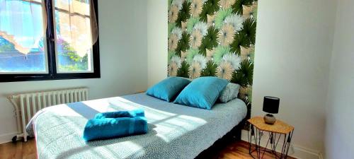 a bedroom with a bed with blue pillows on it at Wifi Clim Garage Jardin BBQ Cosy House in Brive-la-Gaillarde