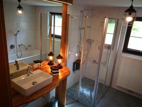 y baño con lavabo y ducha. en Ferienwohnung Achselkopf en Musau