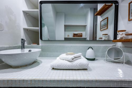 La salle de bains est pourvue d'un grand miroir et d'un lavabo. dans l'établissement Les Voûtes Centre historique de Montpellier, à Montpellier