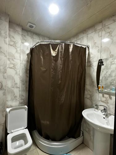 a bathroom with a shower and a toilet and a sink at Hotel Nirvana in Tbilisi City