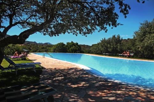 a swimming pool with people sitting in chairs next to a tree at Sa Rocca Sport e Resort in Guspini