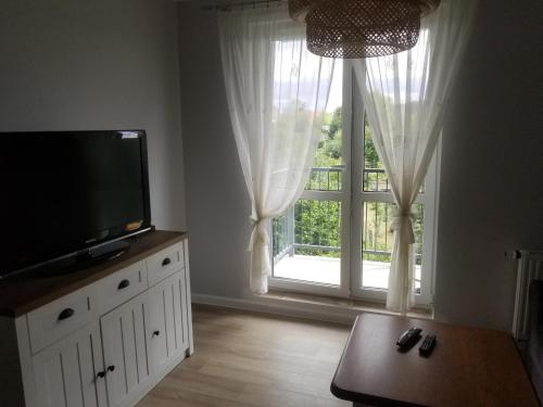 a living room with a television and a window at FORT Apartament in Malbork