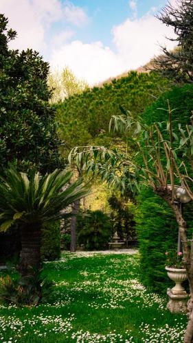 a garden with a vase in the middle of a field of flowers at Hotel Scapolatiello in Cava deʼ Tirreni