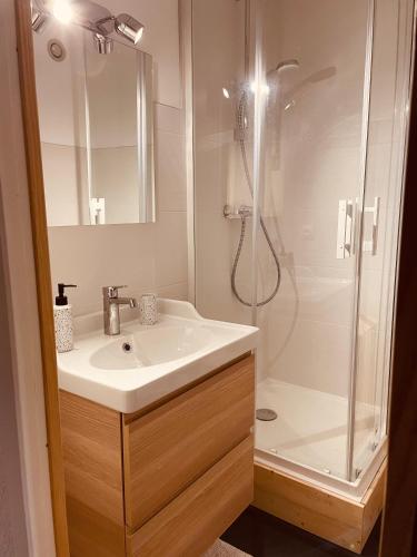 une salle de bain avec un lavabo et une douche dans l'établissement Magnifique studio 4 pers avec balcon vue montagne, à Orcières