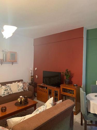 een woonkamer met een bank en een flatscreen-tv bij Cozy place in Kozani