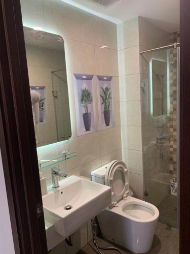 W łazience znajduje się umywalka, toaleta i lustro. w obiekcie BIN’S HOUSE w Ho Chi Minh