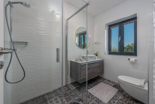 ein Badezimmer mit Dusche, Waschbecken und Toilette in der Unterkunft Vila Coratina ZadarVillas in Jakišnica