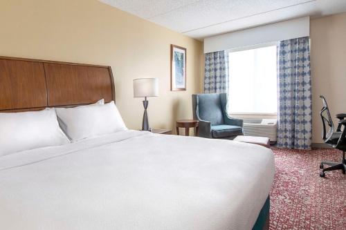 een hotelkamer met een bed, een stoel en een raam bij Hilton Garden Inn Cleveland Downtown in Cleveland