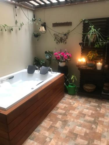 uma banheira num quarto com vasos de plantas em Apartamento 3 Habitaciones Lima, Perú (Magdalena del Mar) em Lima