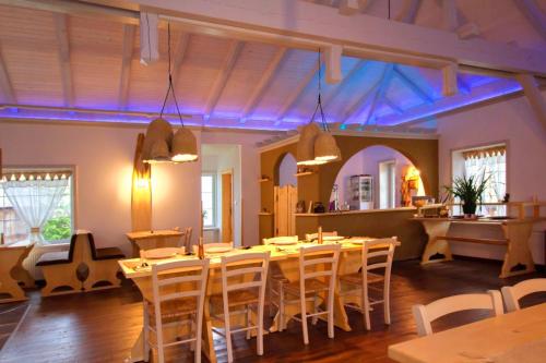 a dining room with a long table and chairs at Fexada Home in Vama