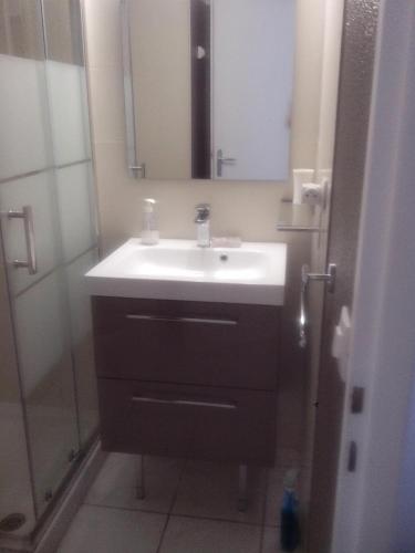 une salle de bain avec un lavabo blanc et une douche dans l'établissement Marendes Des Palombes 2, au Barcarès