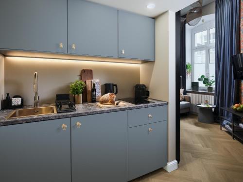 a kitchen with a sink and a counter top at Hidden Garden Apartments in Łódź