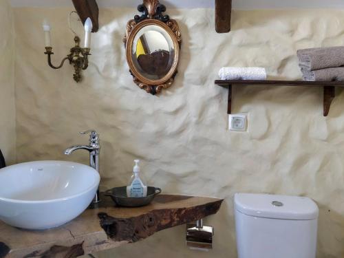 uma casa de banho com um lavatório, um WC e um espelho. em Achadinha - Mountain Cottage em Arco da Calheta