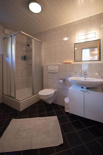 a bathroom with a sink and a toilet and a shower at Ferienwohnung Carbonare in Sankt Gallenkirch