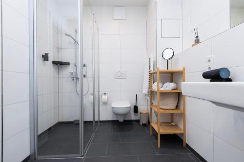 a bathroom with a shower and a toilet at UNiQE Apartments Oldtown - citycenter in Dresden