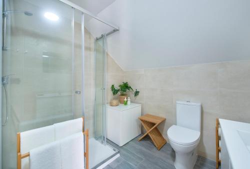 uma casa de banho com um WC e uma cabina de duche em vidro. em Renovated House Near Beaches, By TimeCooler em Setúbal