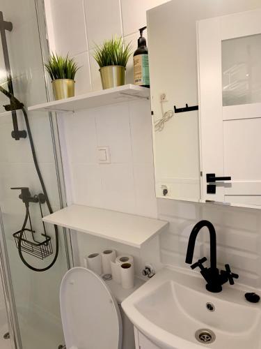 a white bathroom with a sink and a toilet at Apartament Oliwa in Gdańsk