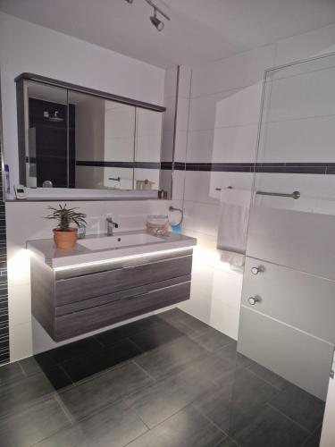 a bathroom with a sink and a mirror at Hochwertige 85qm-Wohnung in Wuppertal-Vohwinkel in Wuppertal