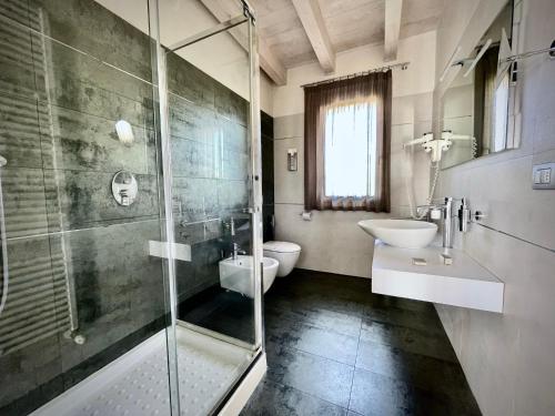 a bathroom with a shower and a toilet and a sink at La Giolosa Gardapartments in Moniga