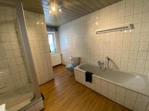 a bathroom with a tub and a toilet at Ferienwohnung Riese Nordhessen in Felsberg