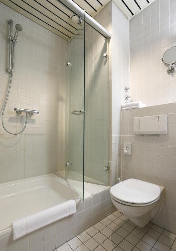 a bathroom with a shower and a toilet and a tub at Tagungs- und Bildungszentrum Steinbach/Taunus in Steinbach im Taunus