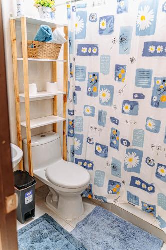 a bathroom with a toilet and a shower curtain at 2 Cabañas para 5 Personas Oasis Pica-Matilla in Pica