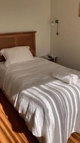 Fragaria Hotel Gastrobar في Purén: غرفة نوم بسرير أبيض مع اللوح الخشبي