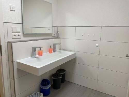 a white bathroom with a sink and a mirror at "Alte Fabrik" Ferien-und Seminarhaus 