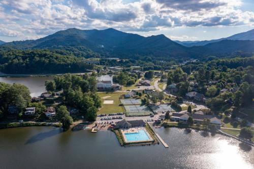 an aerial view of a resort on the water at Haddock Haven-3 in Lake Junaluska