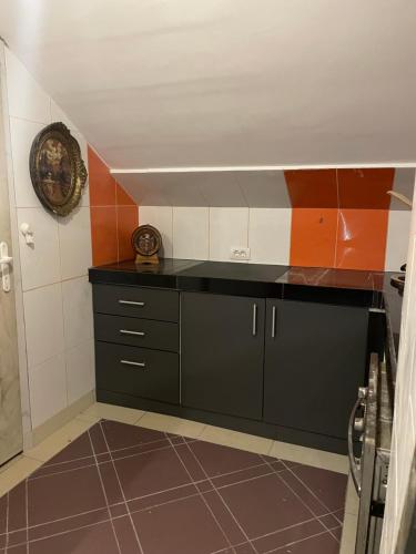 a kitchen with black cabinets and orange and white tiles at Zvezdana noc in Zvezdara