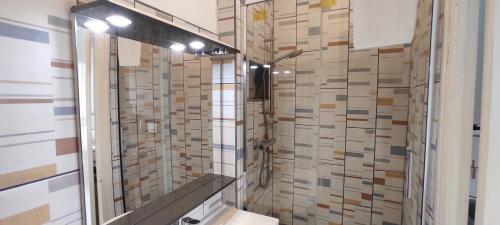a bathroom with a shower with a toilet and a mirror at Eole in Wimereux