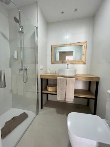 La salle de bains est pourvue de toilettes, d'un lavabo et d'un miroir. dans l'établissement Arena Coral - Main Street - 50m Beach, à Corralejo